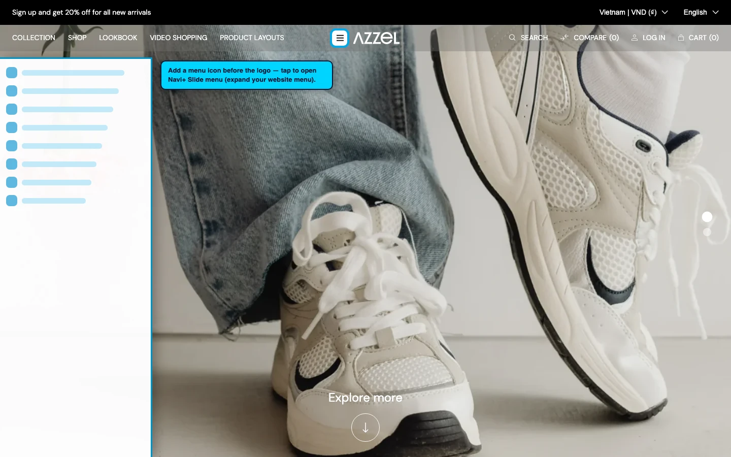 Navi+ trigger icon before the logo on the Azzel Shopify theme Navi+ trigger icon before the logo on the Azzel Shopify theme