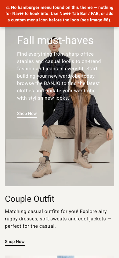 Navi+ Slide Menu on the Banjo Shopify theme