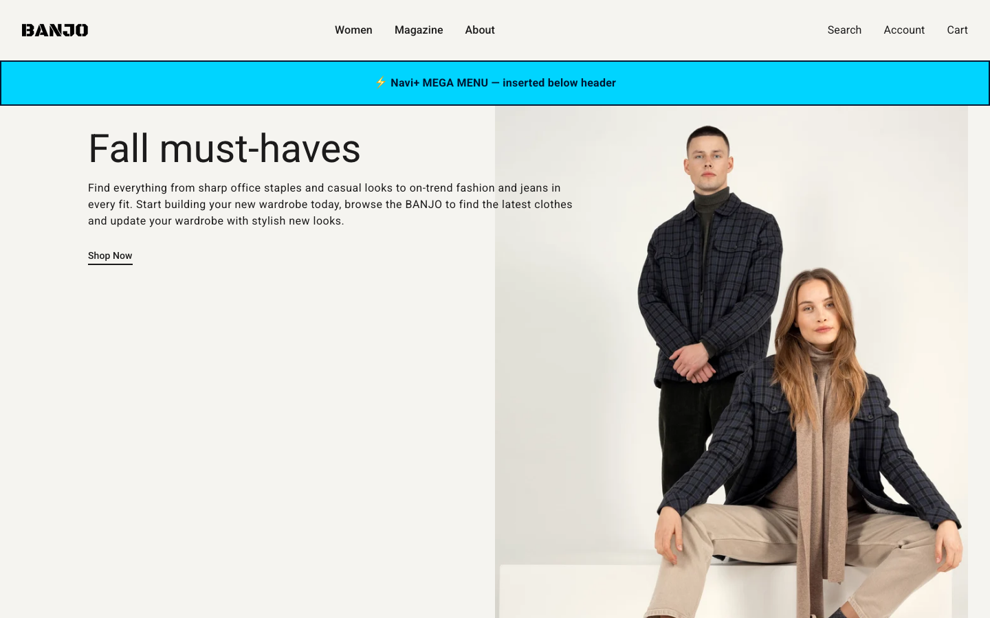 Menu inserted below header — Navi+ on the Banjo Shopify theme