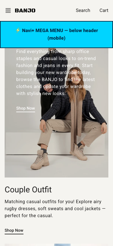 Menu inserted below header — Navi+ on the Banjo Shopify theme