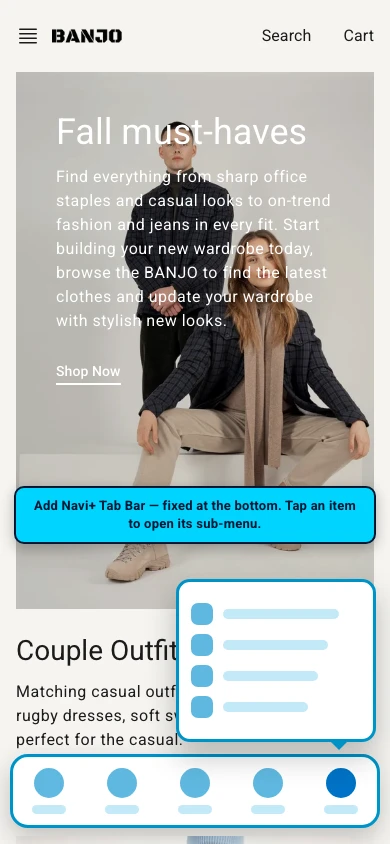 Navi+ Tab Bar on the Banjo Shopify theme