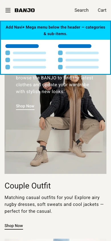 Navi+ mobile Mega Menu on the Banjo Shopify theme