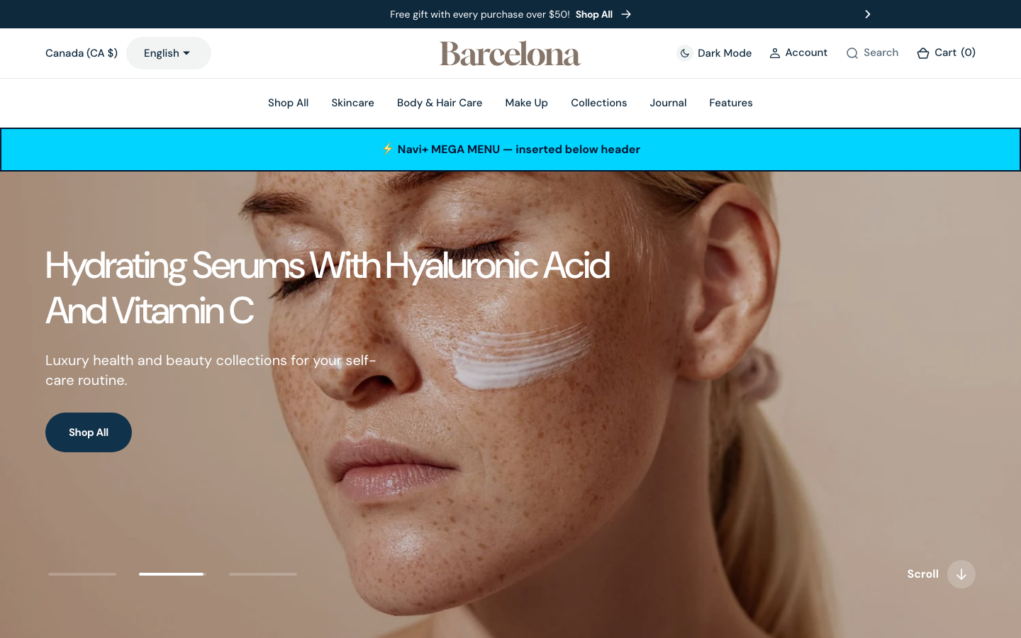 Menu inserted below header — Navi+ on the Barcelona Shopify theme Menu inserted below header — Navi+ on the Barcelona Shopify theme