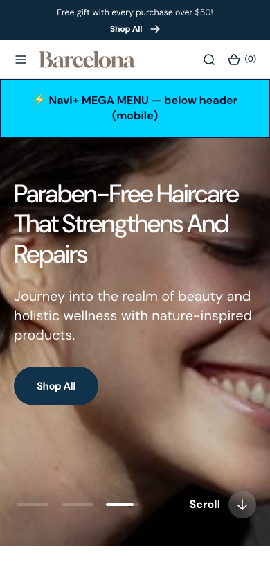 Menu inserted below header — Navi+ on the Barcelona Shopify theme Menu inserted below header — Navi+ on the Barcelona Shopify theme