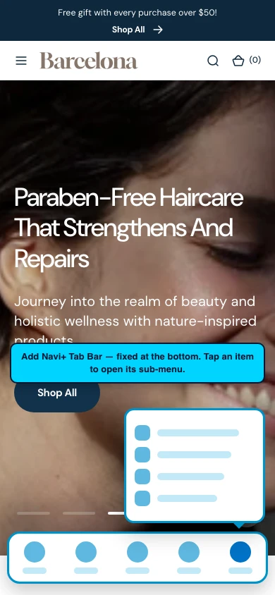 Navi+ Tab Bar on the Barcelona Shopify theme Navi+ Tab Bar on the Barcelona Shopify theme