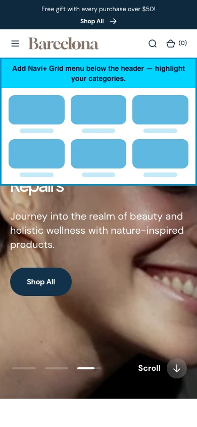 Navi+ Grid Menu on the Barcelona Shopify theme Navi+ Grid Menu on the Barcelona Shopify theme