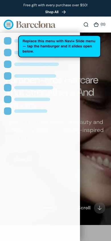 Navi+ Slide Menu on the Barcelona Shopify theme Navi+ Slide Menu on the Barcelona Shopify theme