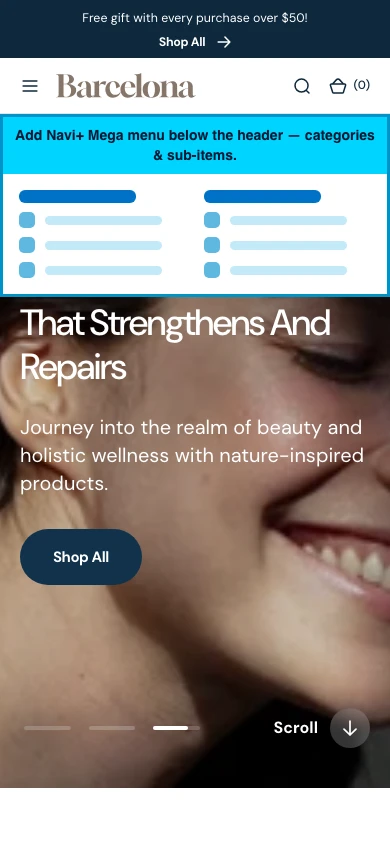 Navi+ mobile Mega Menu on the Barcelona Shopify theme Navi+ mobile Mega Menu on the Barcelona Shopify theme
