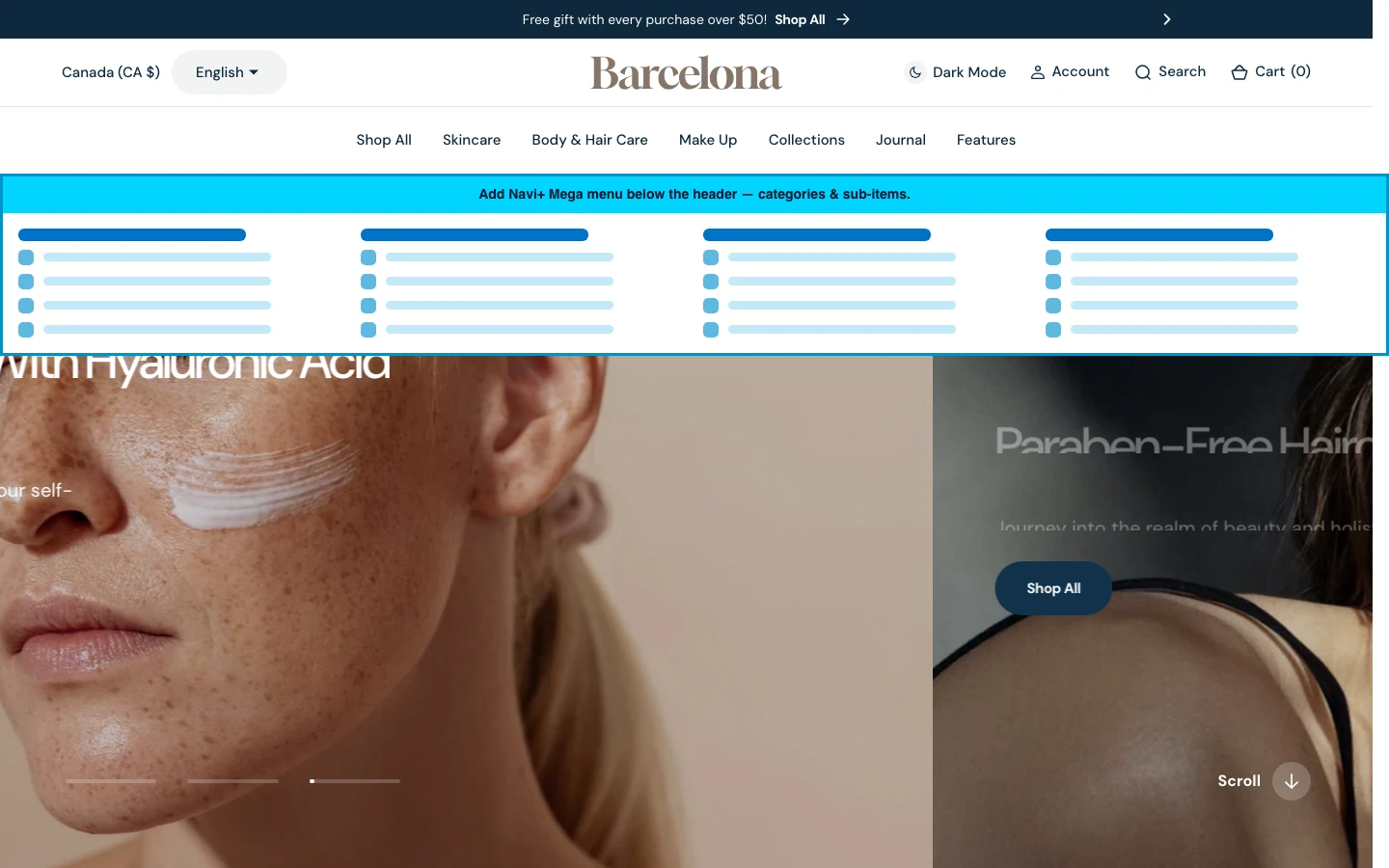 Navi+ Mega Menu inserted below the header on the Barcelona Shopify theme Navi+ Mega Menu inserted below the header on the Barcelona Shopify theme