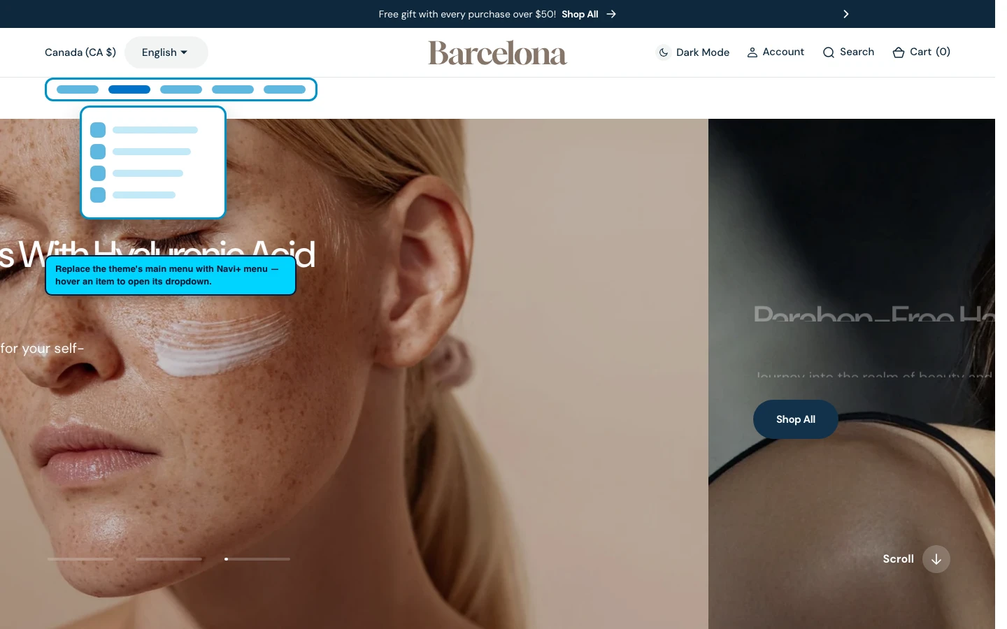 Navi+ Mega Menu replacing the desktop menu on the Barcelona Shopify theme Navi+ Mega Menu replacing the desktop menu on the Barcelona Shopify theme