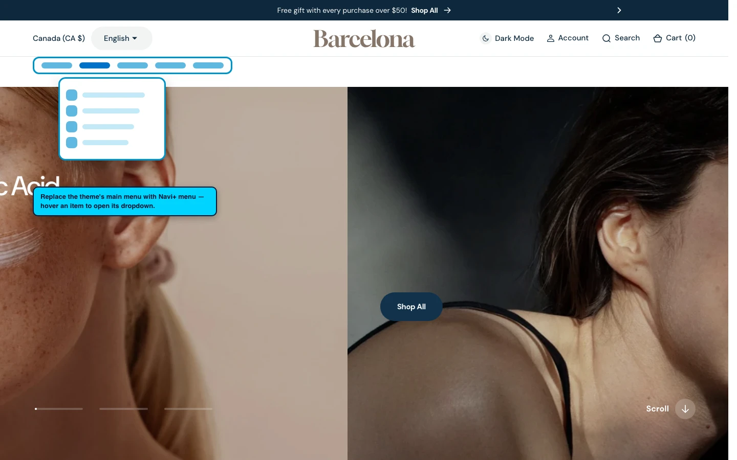 Navi+ Mega Menu replacing the desktop menu on the Barcelona Shopify theme Navi+ Mega Menu replacing the desktop menu on the Barcelona Shopify theme