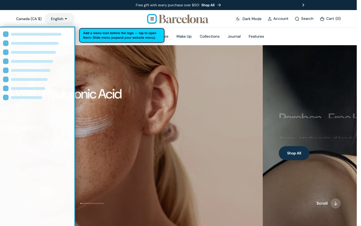 Navi+ trigger icon before the logo on the Barcelona Shopify theme Navi+ trigger icon before the logo on the Barcelona Shopify theme