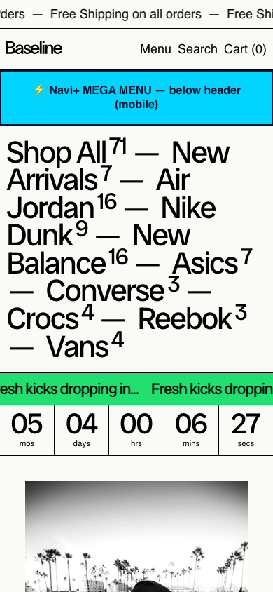 Menu inserted below header — Navi+ on the Baseline Shopify theme Menu inserted below header — Navi+ on the Baseline Shopify theme