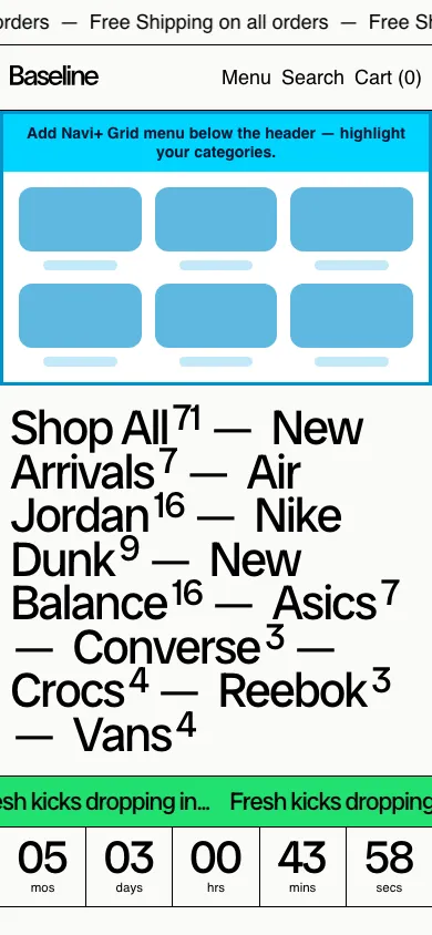 Navi+ Grid Menu on the Baseline Shopify theme Navi+ Grid Menu on the Baseline Shopify theme