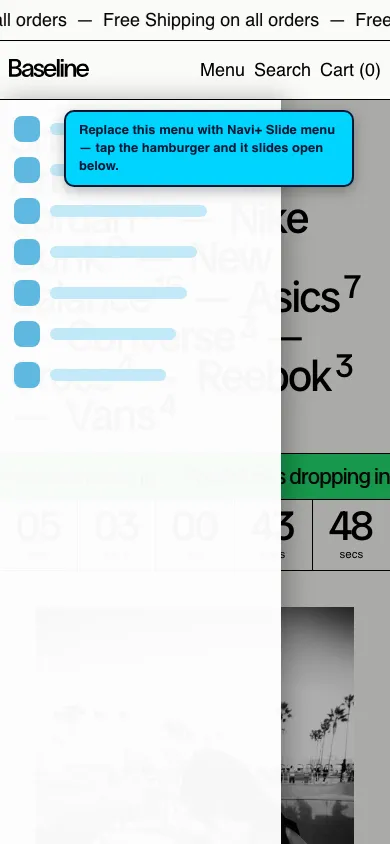 Navi+ Slide Menu on the Baseline Shopify theme Navi+ Slide Menu on the Baseline Shopify theme
