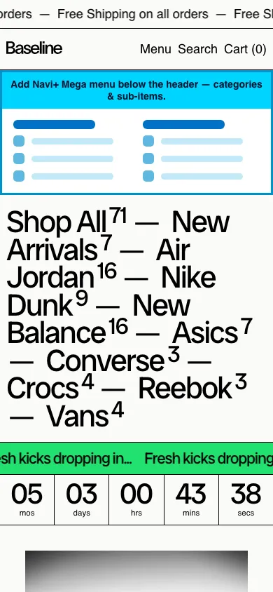Navi+ mobile Mega Menu on the Baseline Shopify theme Navi+ mobile Mega Menu on the Baseline Shopify theme