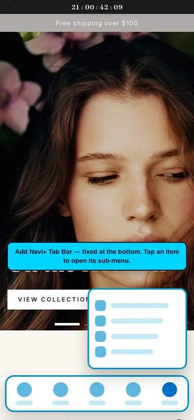 Navi+ Tab Bar on the Be Yours Shopify theme Navi+ Tab Bar on the Be Yours Shopify theme