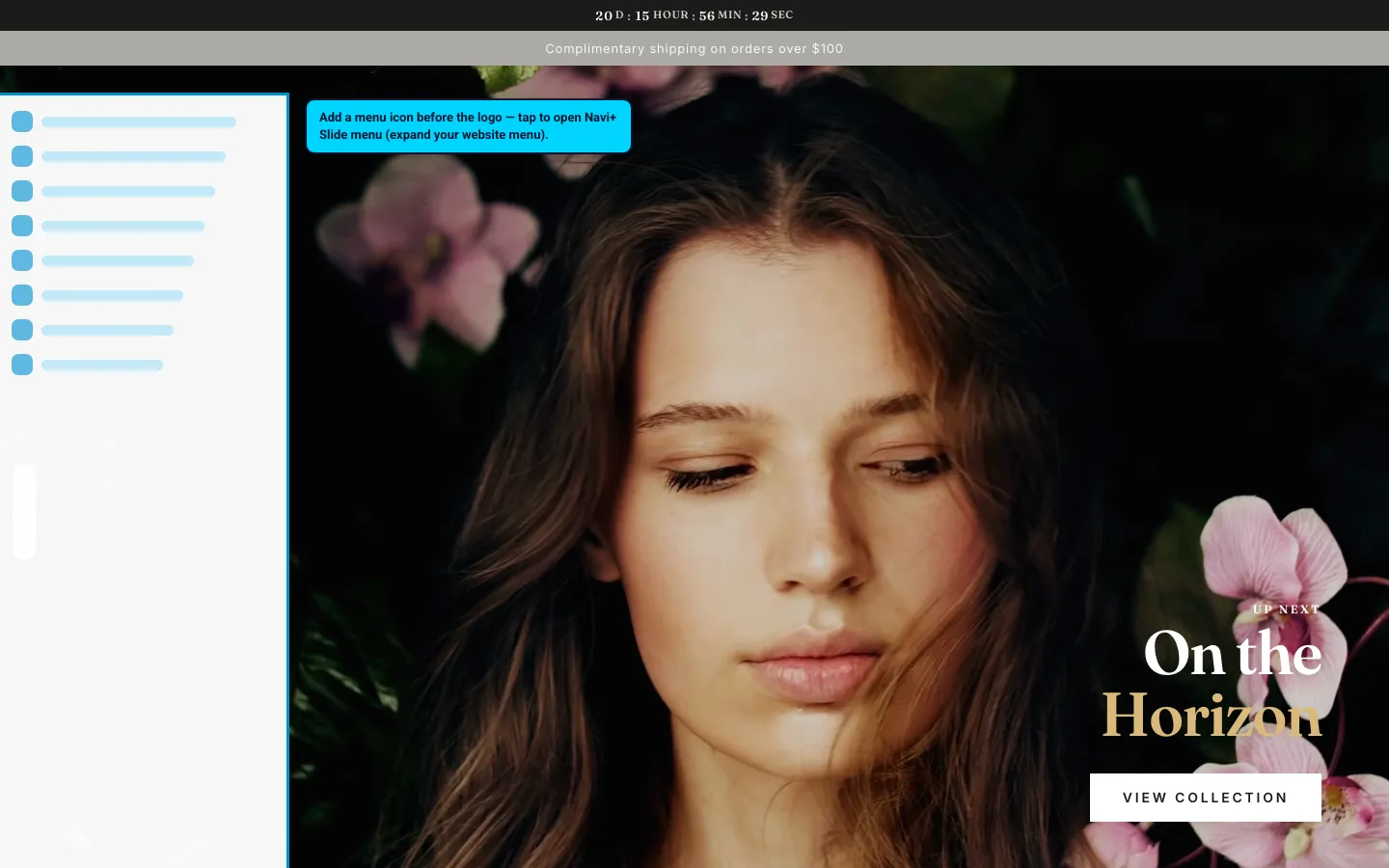 Navi+ trigger icon before the logo on the Be Yours Shopify theme Navi+ trigger icon before the logo on the Be Yours Shopify theme