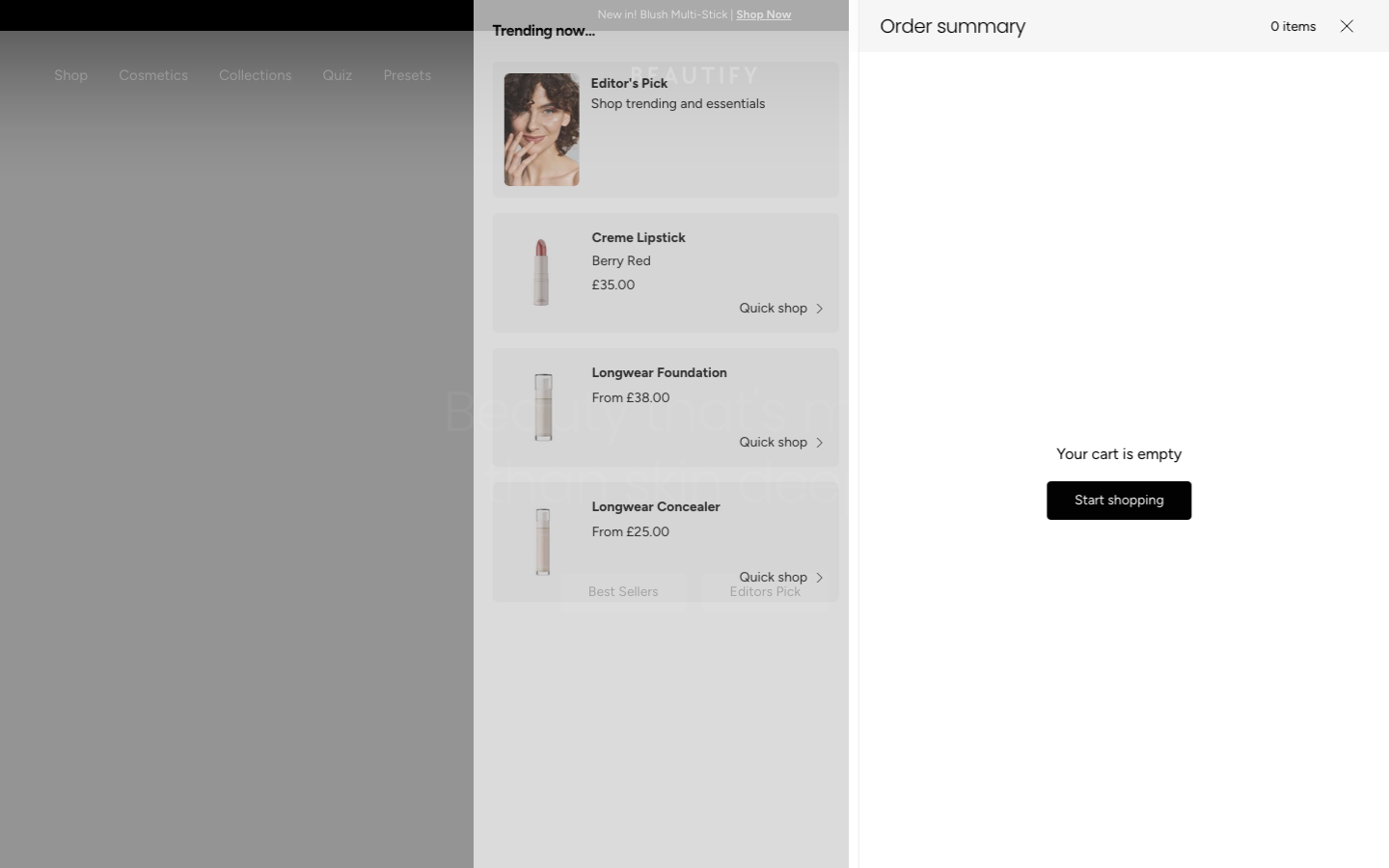 Cart → panel opened — Navi+ on the Beautify Shopify theme Cart → panel opened — Navi+ on the Beautify Shopify theme