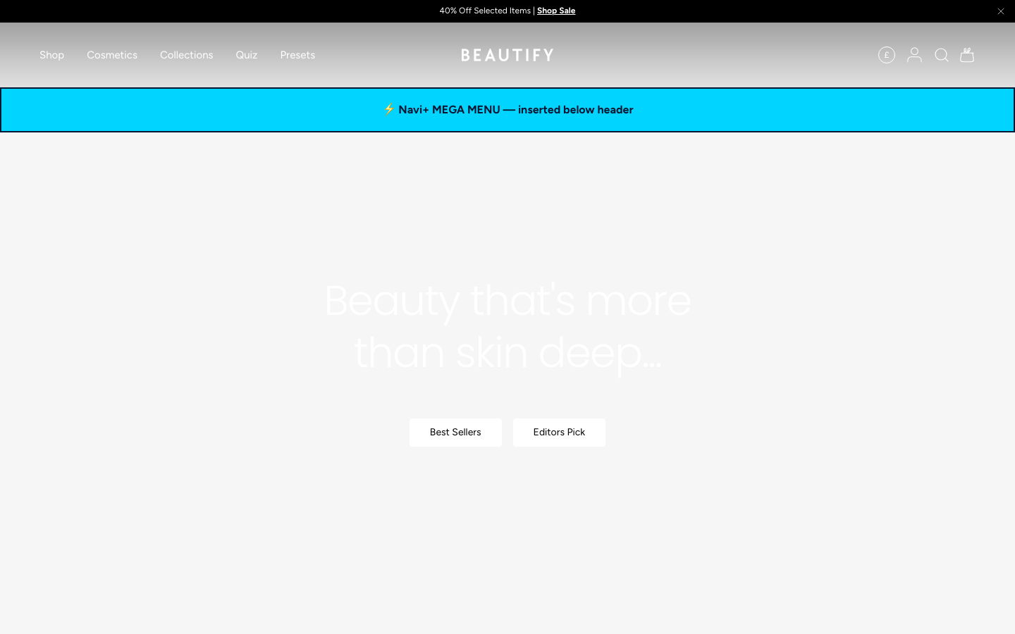 Menu inserted below header — Navi+ on the Beautify Shopify theme Menu inserted below header — Navi+ on the Beautify Shopify theme