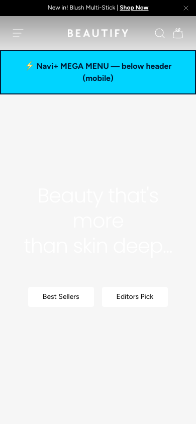 Menu inserted below header — Navi+ on the Beautify Shopify theme Menu inserted below header — Navi+ on the Beautify Shopify theme