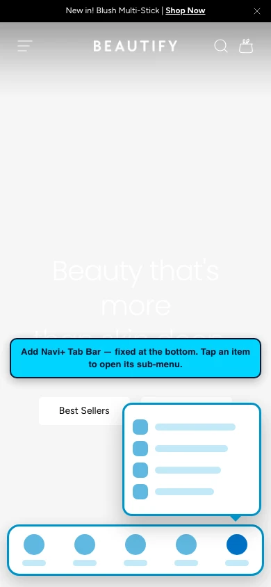 Navi+ Tab Bar on the Beautify Shopify theme Navi+ Tab Bar on the Beautify Shopify theme