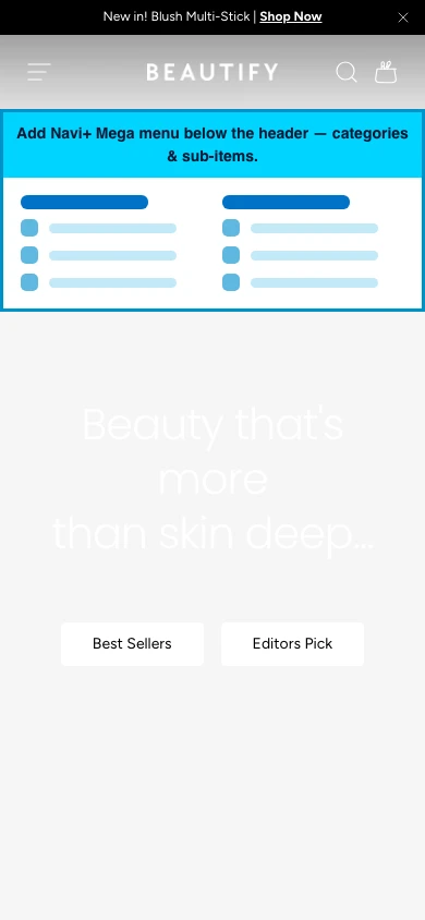 Navi+ mobile Mega Menu on the Beautify Shopify theme Navi+ mobile Mega Menu on the Beautify Shopify theme