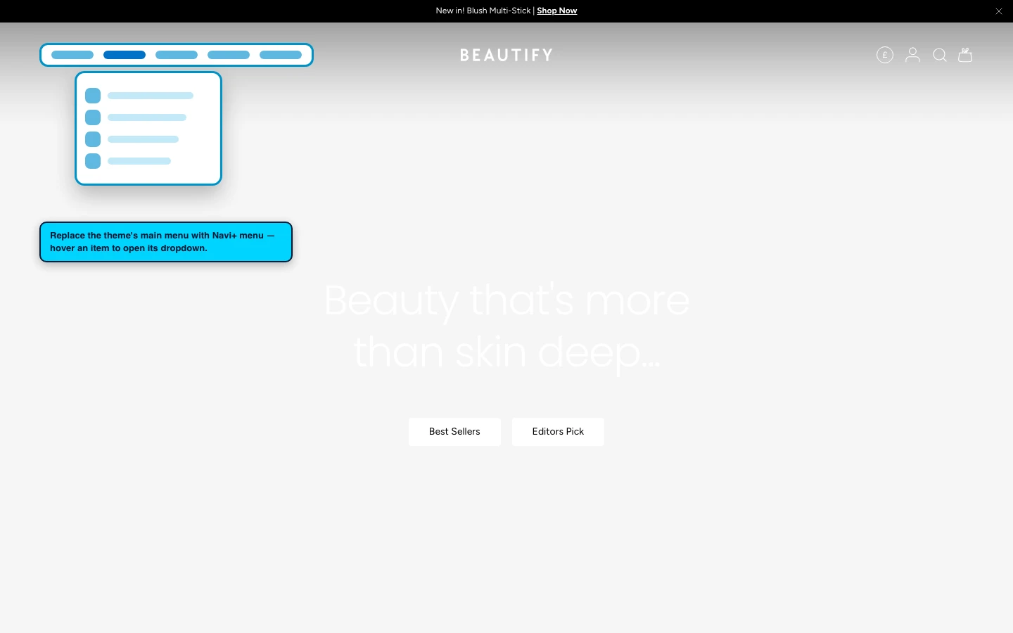 Navi+ Mega Menu replacing the desktop menu on the Beautify Shopify theme Navi+ Mega Menu replacing the desktop menu on the Beautify Shopify theme
