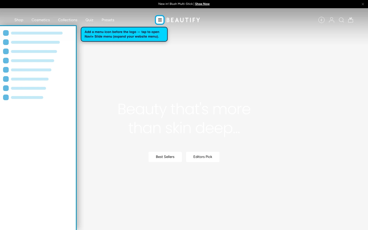 Navi+ trigger icon before the logo on the Beautify Shopify theme Navi+ trigger icon before the logo on the Beautify Shopify theme