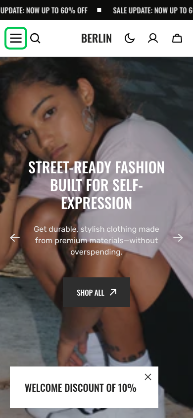 Hamburger → panel opened — Navi+ on the Berlin Shopify theme