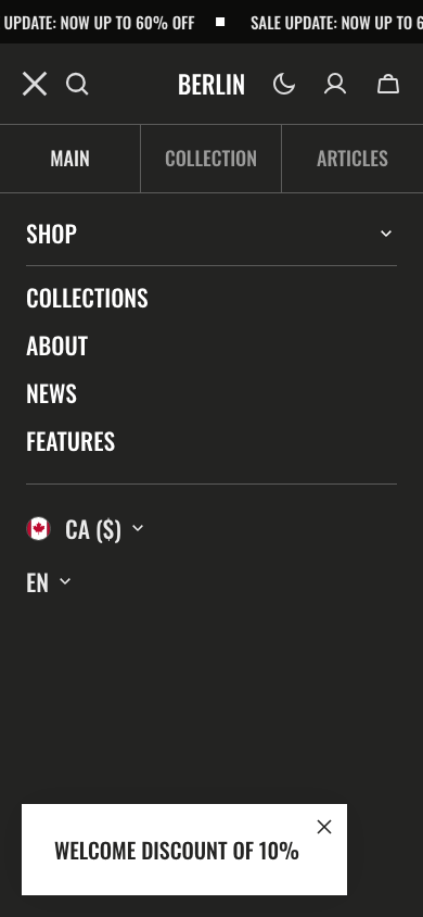 Hamburger → panel opened — Navi+ on the Berlin Shopify theme