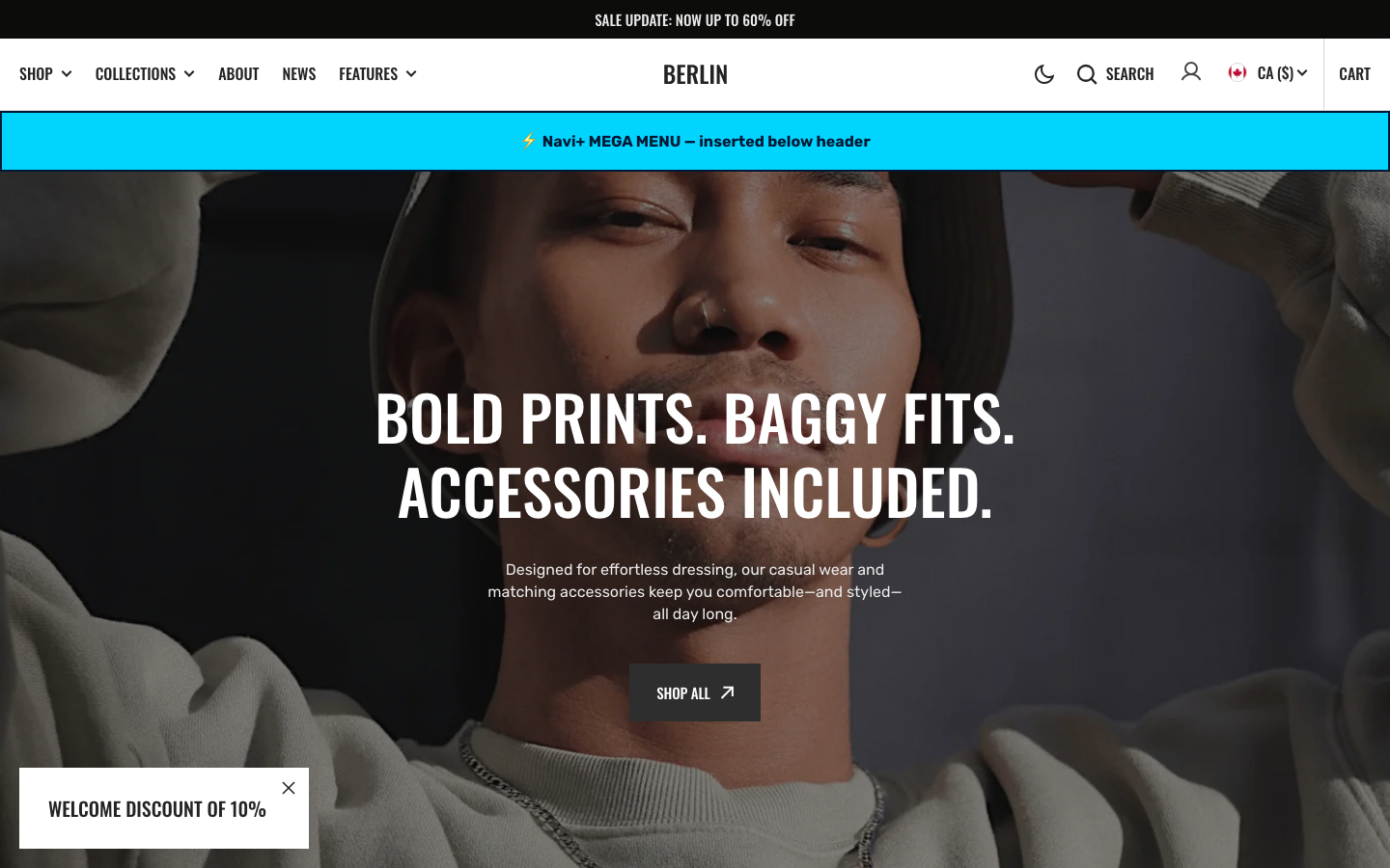 Menu inserted below header — Navi+ on the Berlin Shopify theme