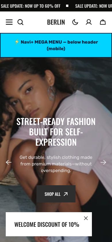 Menu inserted below header — Navi+ on the Berlin Shopify theme
