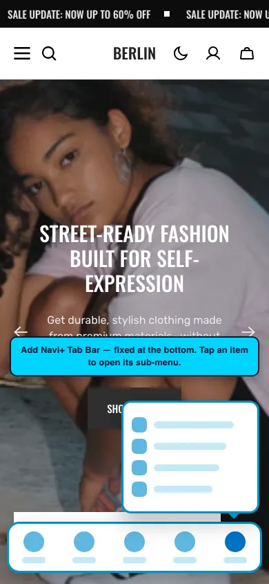 Navi+ Tab Bar on the Berlin Shopify theme Navi+ Tab Bar on the Berlin Shopify theme