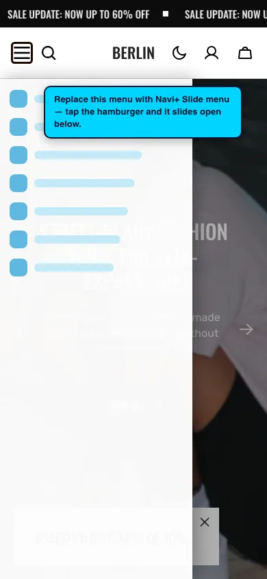 Navi+ Slide Menu on the Berlin Shopify theme Navi+ Slide Menu on the Berlin Shopify theme