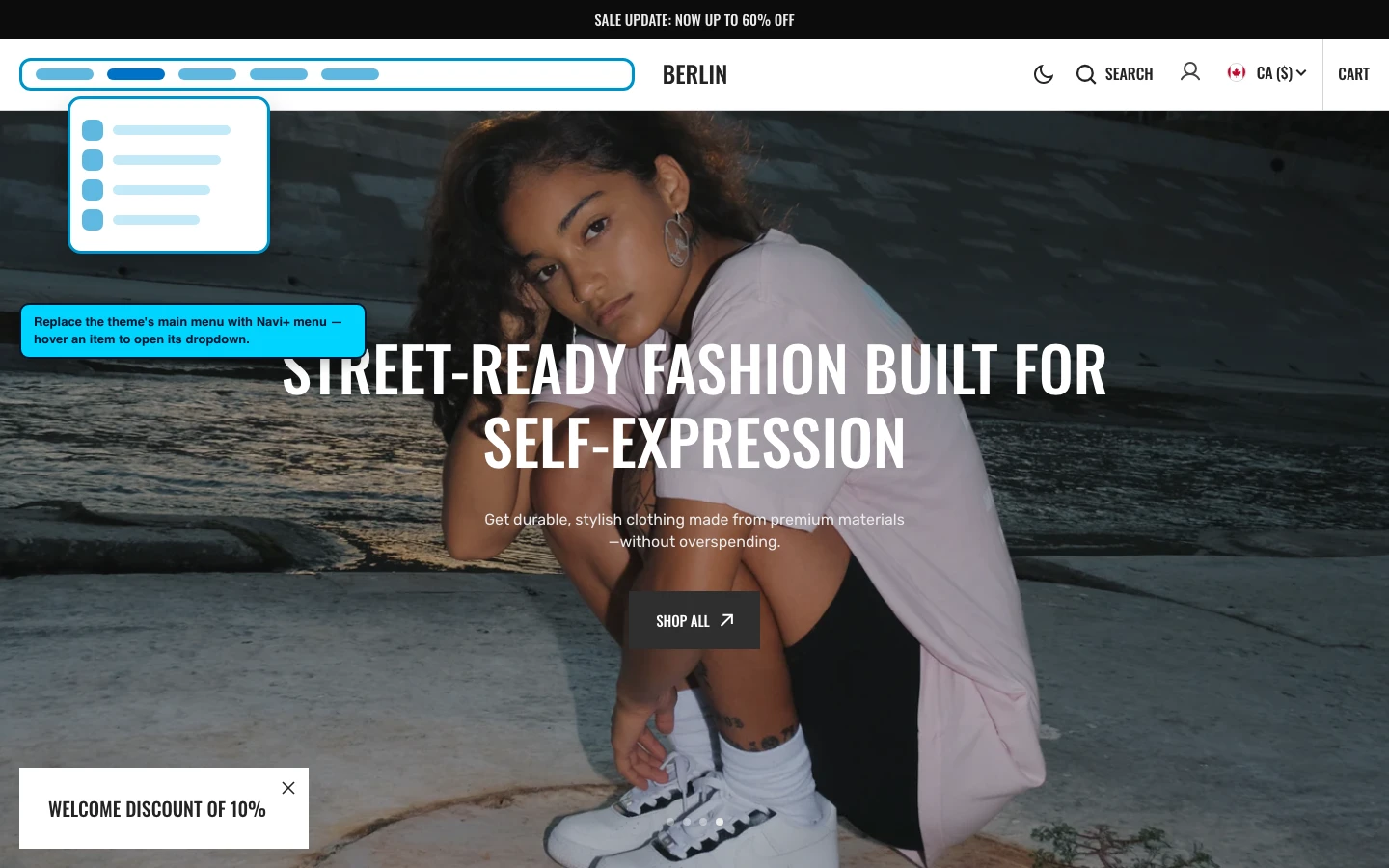 Navi+ Mega Menu replacing the desktop menu on the Berlin Shopify theme Navi+ Mega Menu replacing the desktop menu on the Berlin Shopify theme