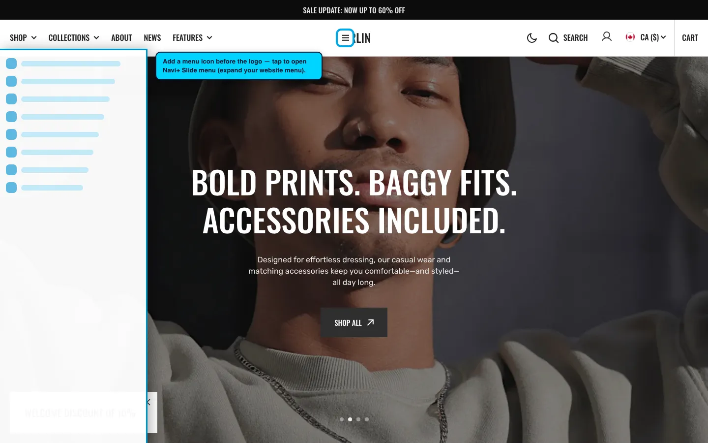 Navi+ trigger icon before the logo on the Berlin Shopify theme Navi+ trigger icon before the logo on the Berlin Shopify theme