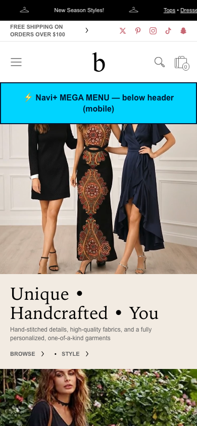 Menu inserted below header — Navi+ on the Bespoke Shopify theme Menu inserted below header — Navi+ on the Bespoke Shopify theme