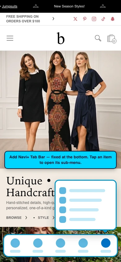 Navi+ Tab Bar on the Bespoke Shopify theme Navi+ Tab Bar on the Bespoke Shopify theme