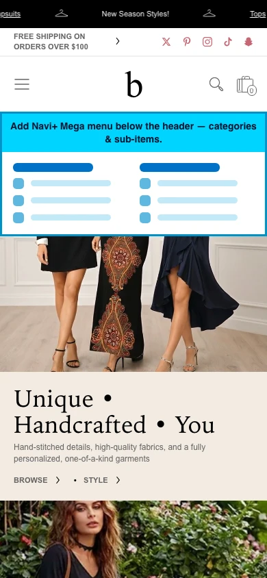 Navi+ mobile Mega Menu on the Bespoke Shopify theme Navi+ mobile Mega Menu on the Bespoke Shopify theme