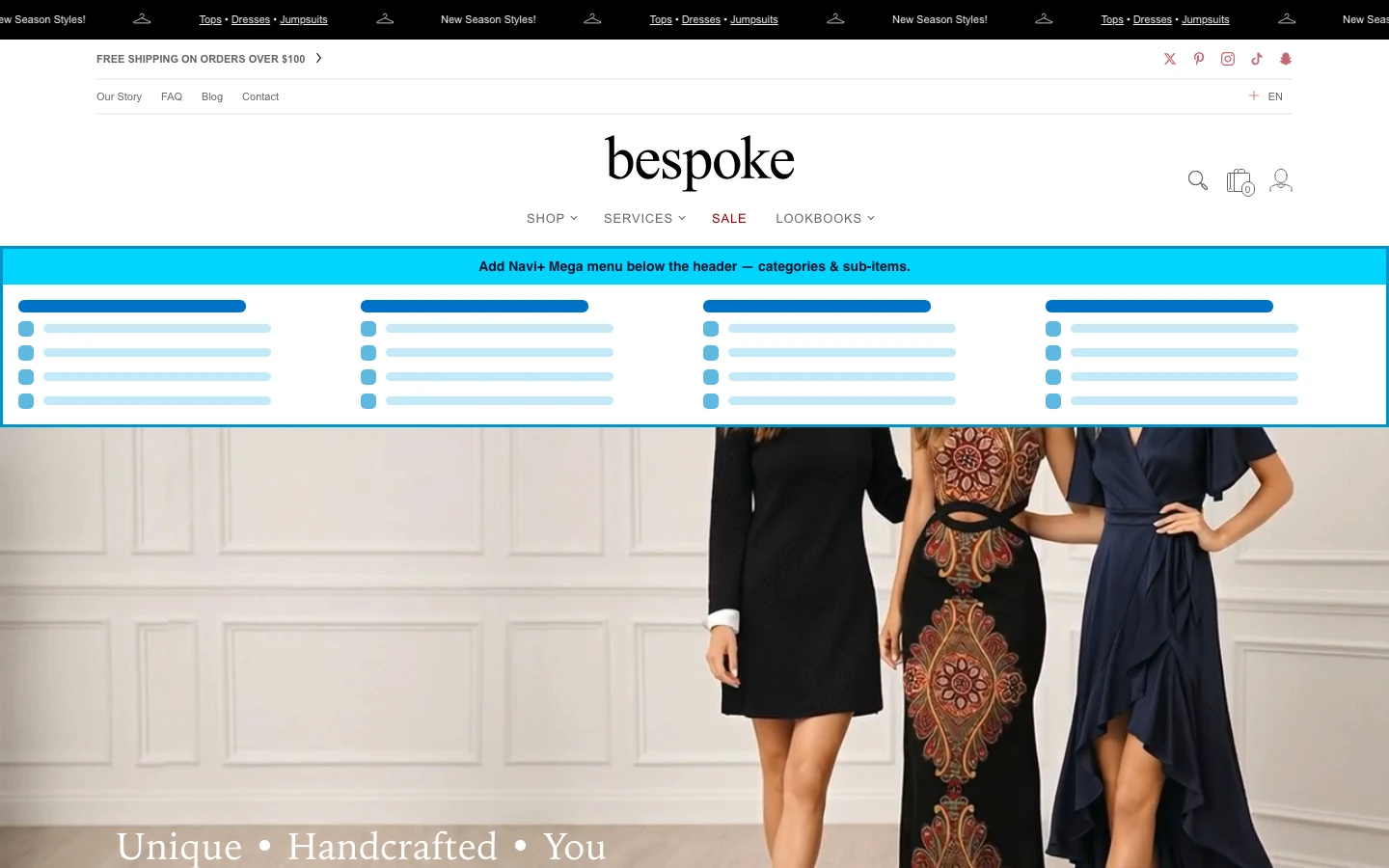 Navi+ Mega Menu inserted below the header on the Bespoke Shopify theme Navi+ Mega Menu inserted below the header on the Bespoke Shopify theme