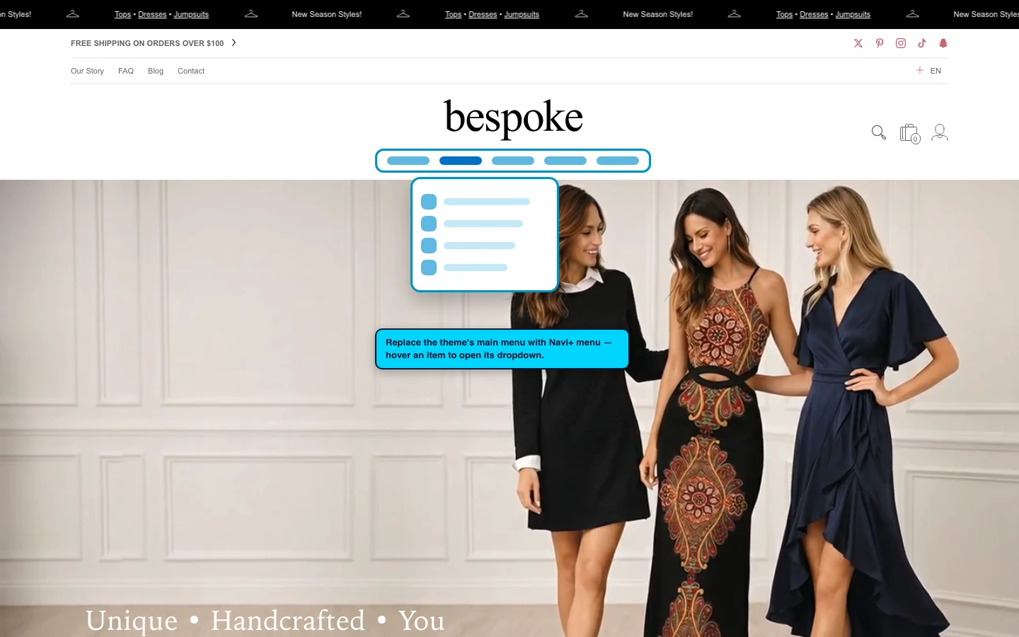 Navi+ Mega Menu replacing the desktop menu on the Bespoke Shopify theme Navi+ Mega Menu replacing the desktop menu on the Bespoke Shopify theme