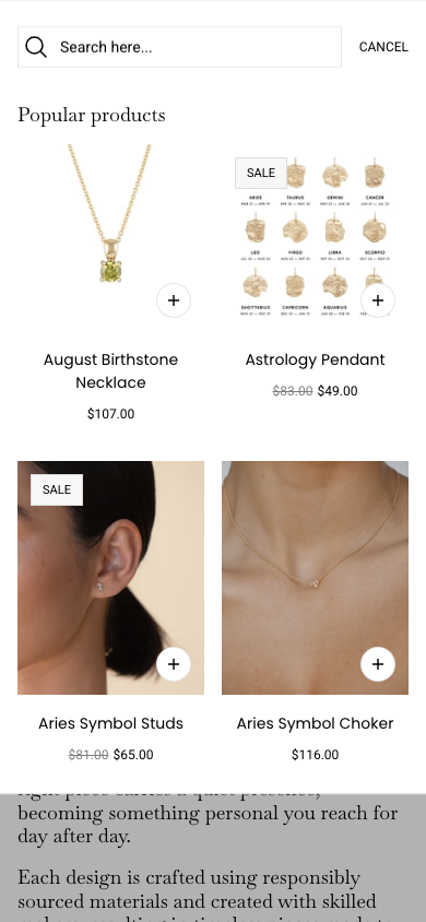 Search → panel opened — Navi+ on the Beyond Shopify theme Search → panel opened — Navi+ on the Beyond Shopify theme