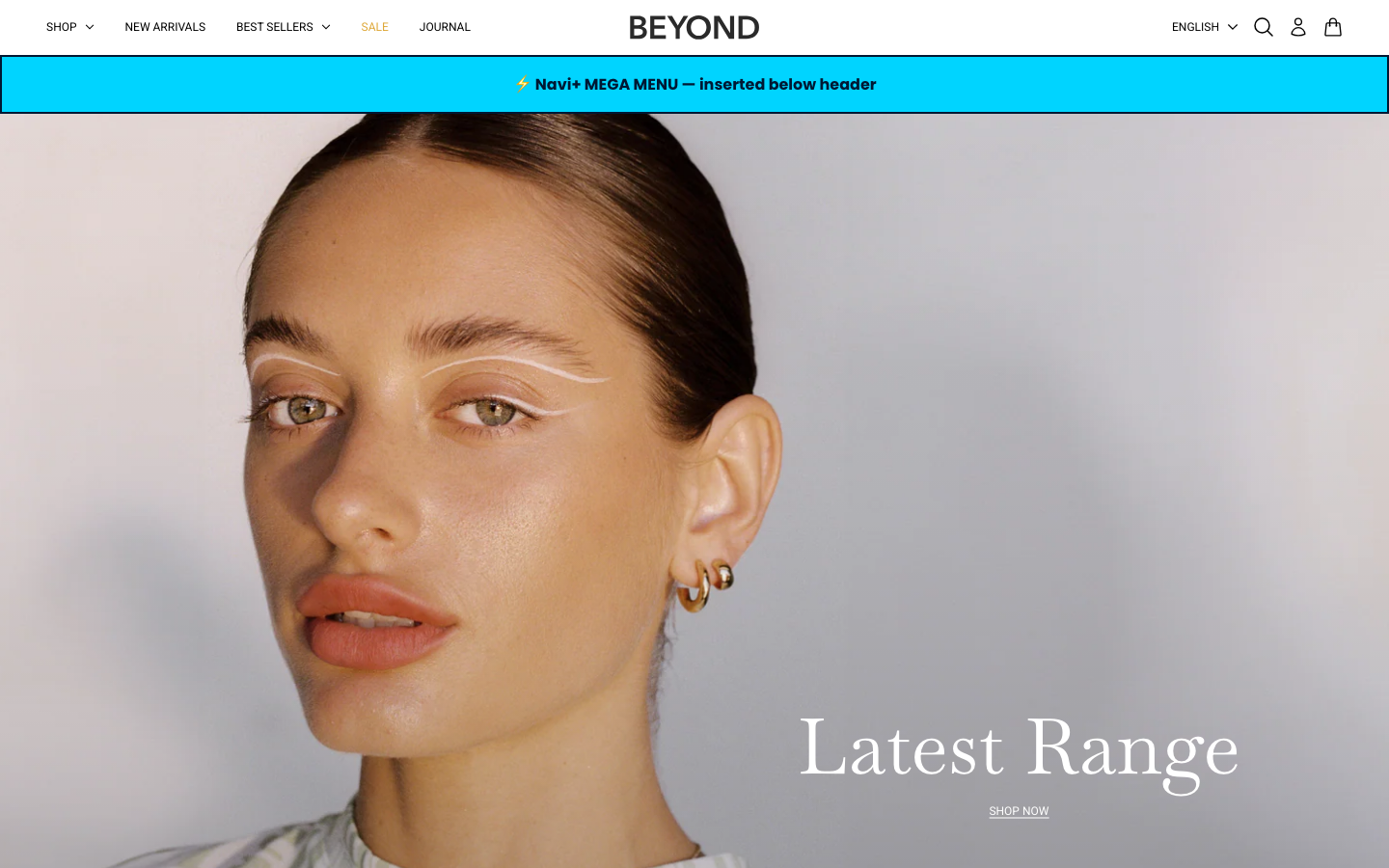 Menu inserted below header — Navi+ on the Beyond Shopify theme Menu inserted below header — Navi+ on the Beyond Shopify theme
