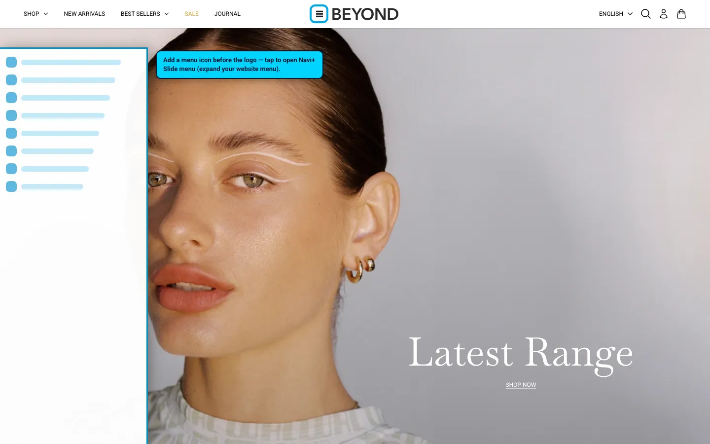 Navi+ trigger icon before the logo on the Beyond Shopify theme Navi+ trigger icon before the logo on the Beyond Shopify theme