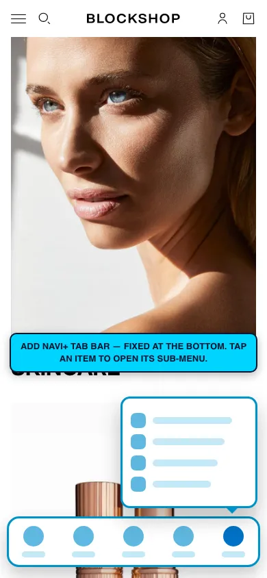 Navi+ Tab Bar on the Blockshop Shopify theme Navi+ Tab Bar on the Blockshop Shopify theme
