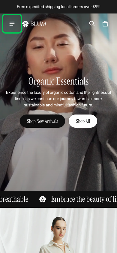 Hamburger → panel opened — Navi+ on the Blum Shopify theme Hamburger → panel opened — Navi+ on the Blum Shopify theme