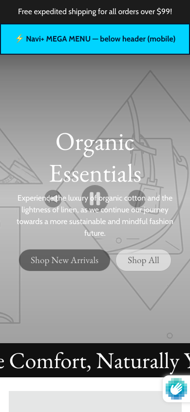 Menu inserted below header — Navi+ on the Blum Shopify theme Menu inserted below header — Navi+ on the Blum Shopify theme