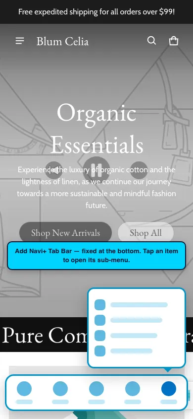 Navi+ Tab Bar on the Blum Shopify theme Navi+ Tab Bar on the Blum Shopify theme