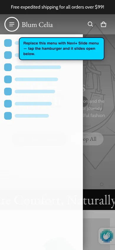 Navi+ Slide Menu on the Blum Shopify theme Navi+ Slide Menu on the Blum Shopify theme